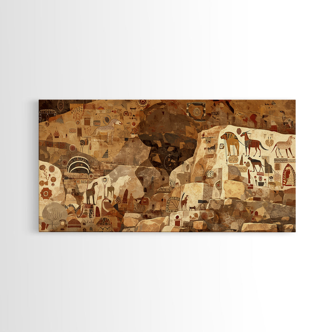 Ancient Sahara Cave Mural With Tribal Animals Wall Art African Safari Art, Earth Tone Cultural Decor For Living Room Statement Piece