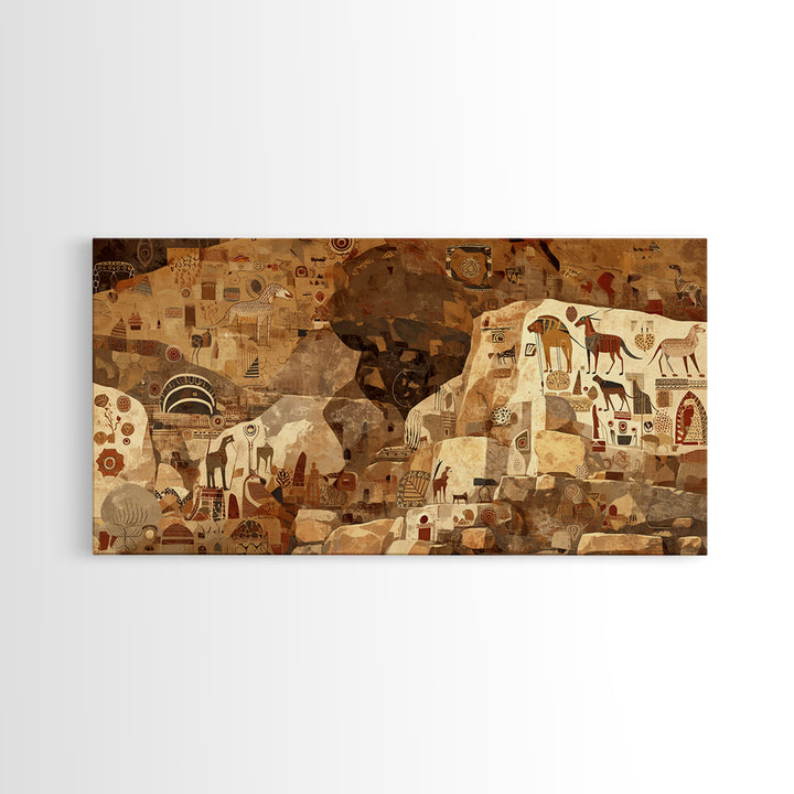 Ancient Sahara Cave Mural With Tribal Animals Wall Art African Safari Art, Earth Tone Cultural Decor For Living Room Statement Piece