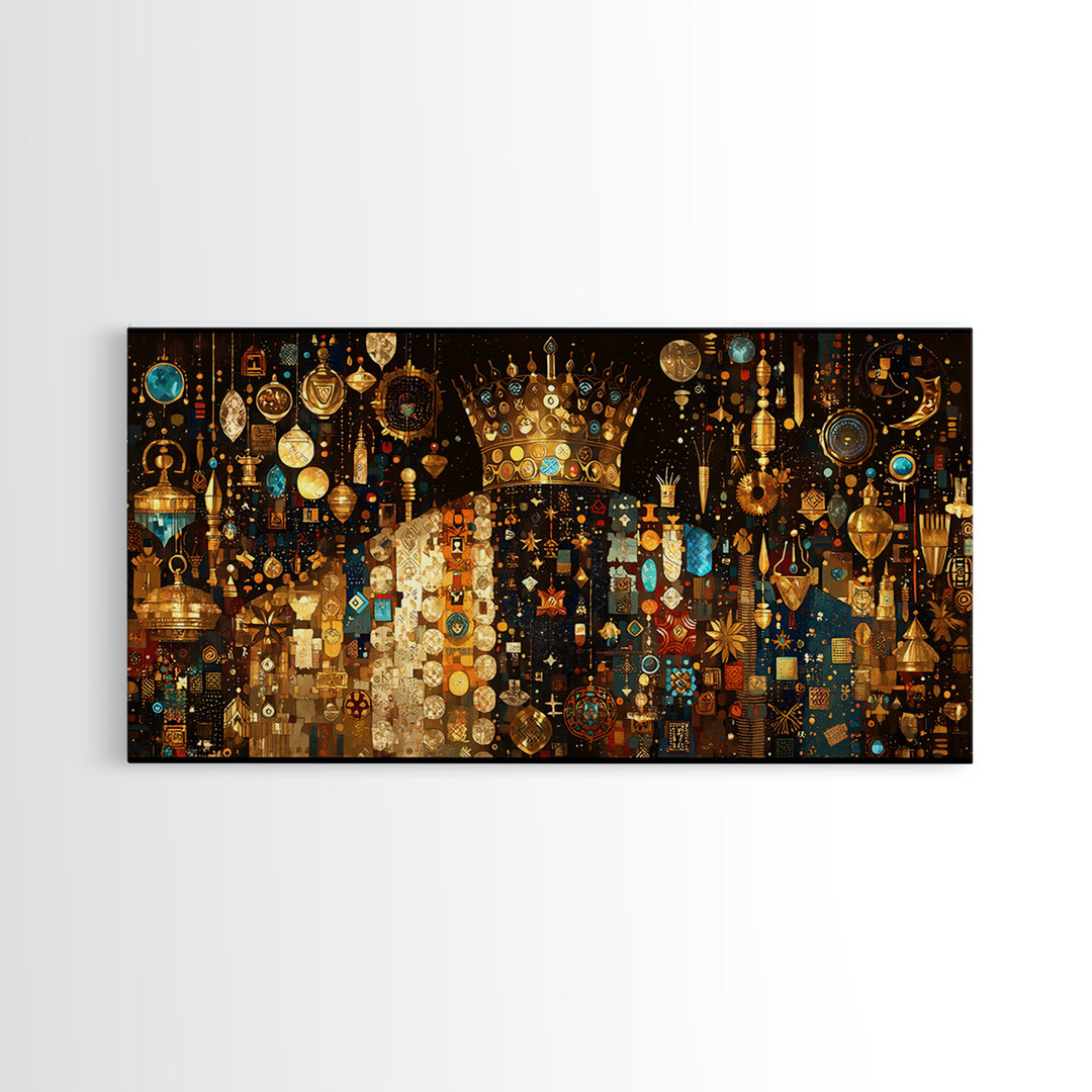 Jeweled African Queen In Gold And Turquoise Framed Canvas Print Black Goddess Art, Luxury Afrocentric Wall Decor Gift For Her