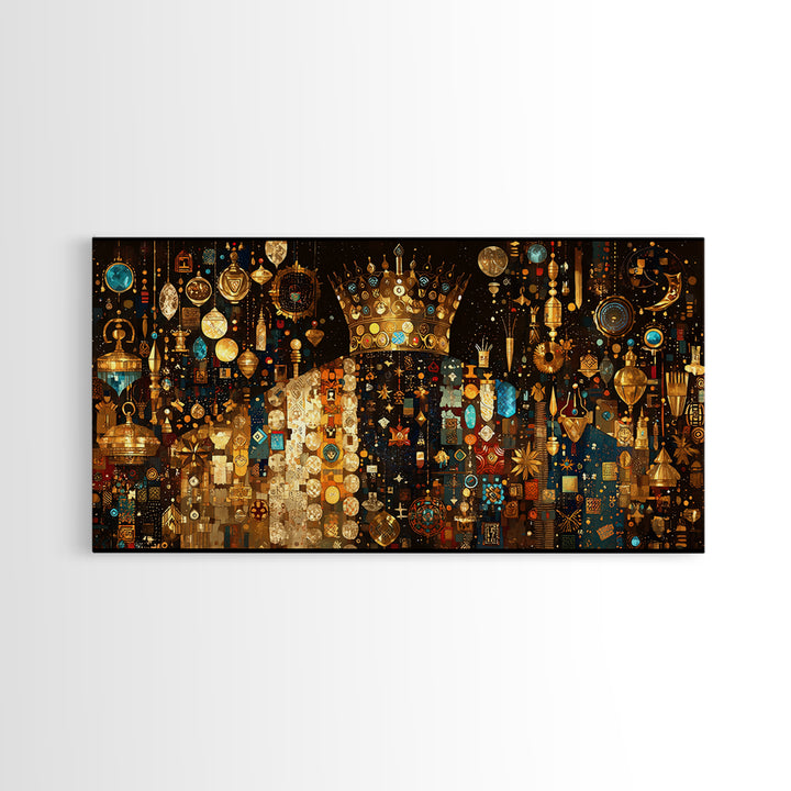 Jeweled African Queen In Gold And Turquoise Framed Canvas Print Black Goddess Art, Luxury Afrocentric Wall Decor Gift For Her