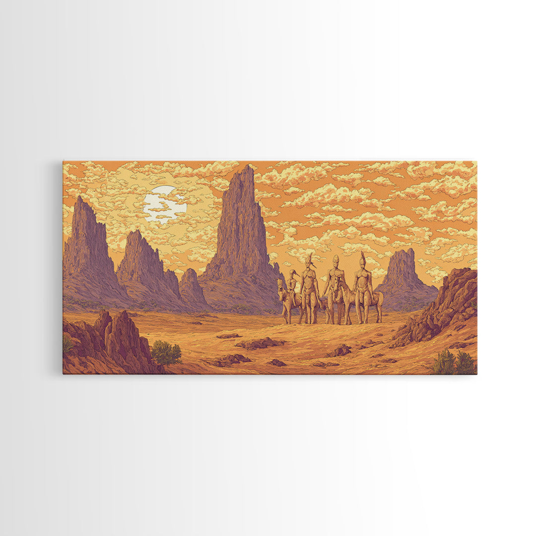 Five Desert Warriors Beneath Orange Sun Canvas Print African Warrior Art, Tribal Landscape Decor, Bold Southwest Wall Art Print