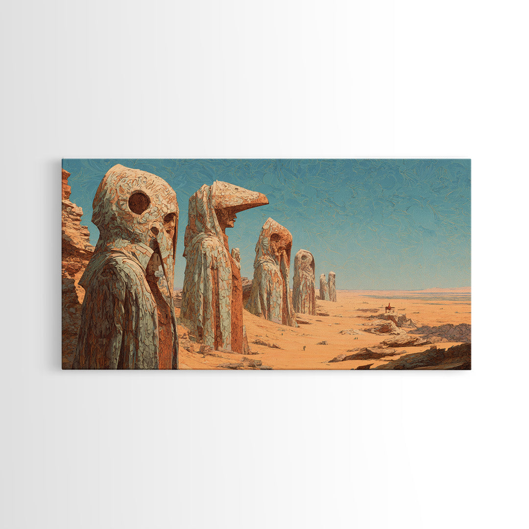 Colossal Desert Mask Monuments Under Blue Sky Wall Art African Mask Art, Ancient Tribal Decor, Mystical Landscape Print Gift