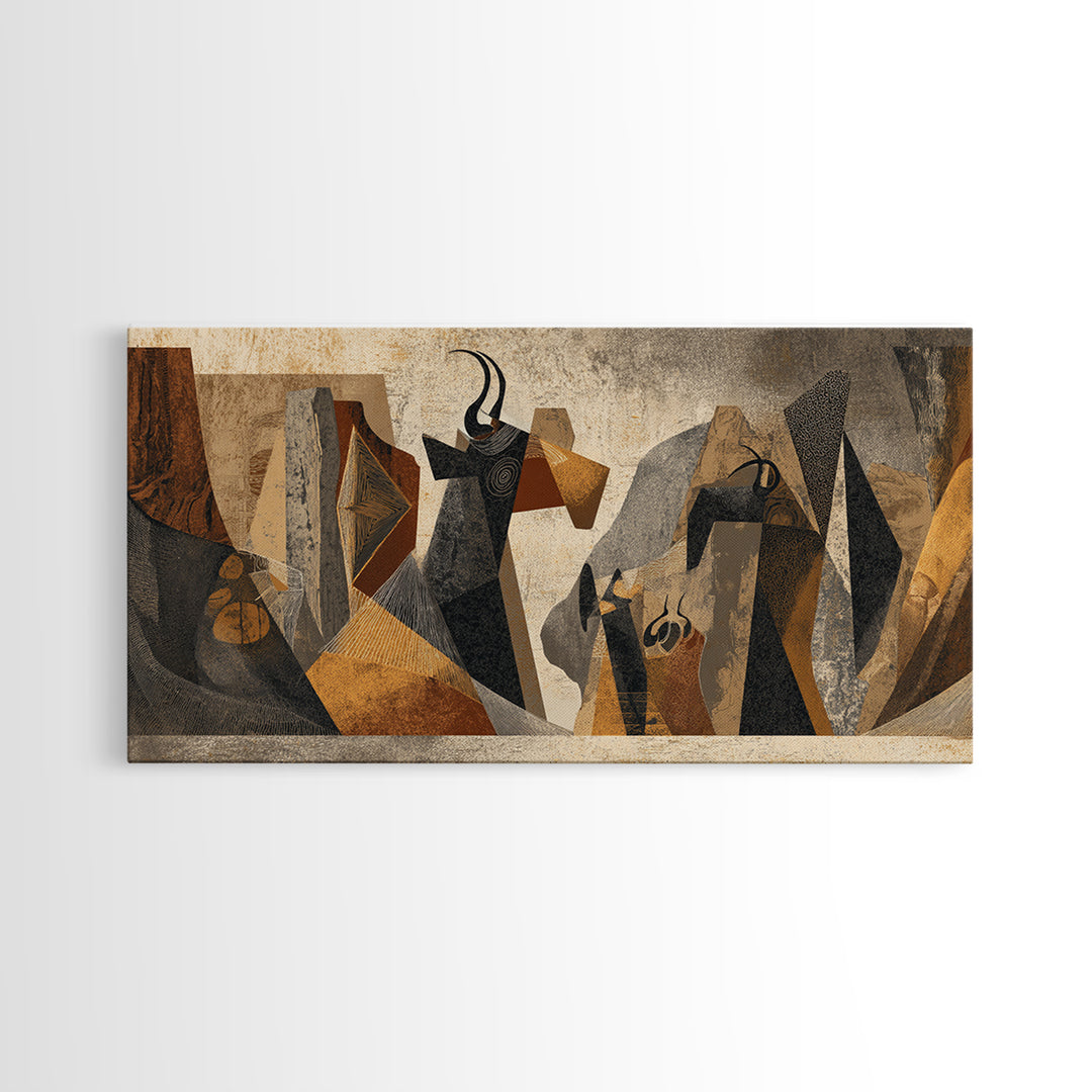 Abstract Tribal Women In Black And Gold Framed Canvas Print African Abstract Art, Modern Cubism Wall Decor For Entryway Gift