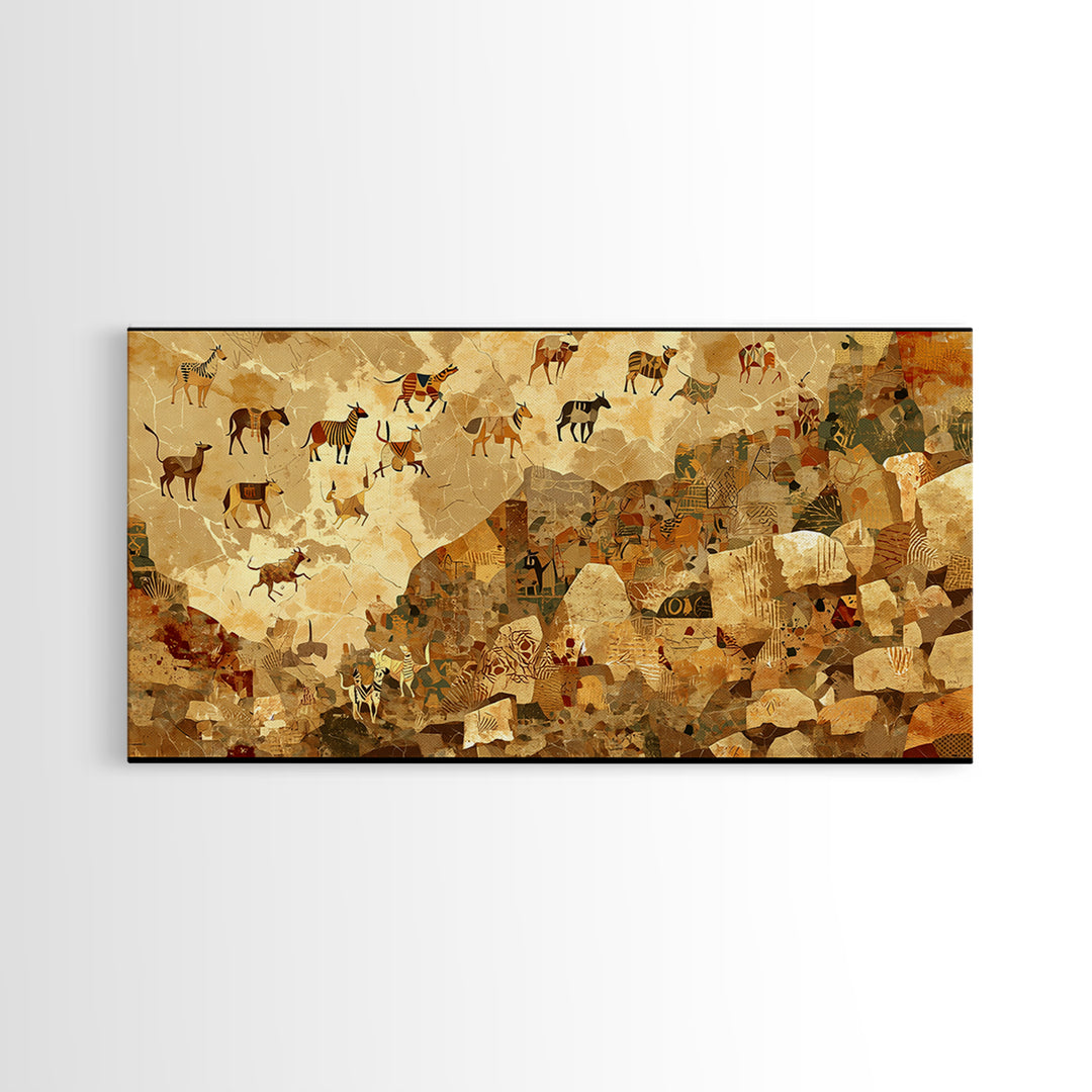 Ancient Herds Above Earthen Village Wall Art African Safari Art, Tribal Culture Landscape, Earth Tone Home Decor For Living Room