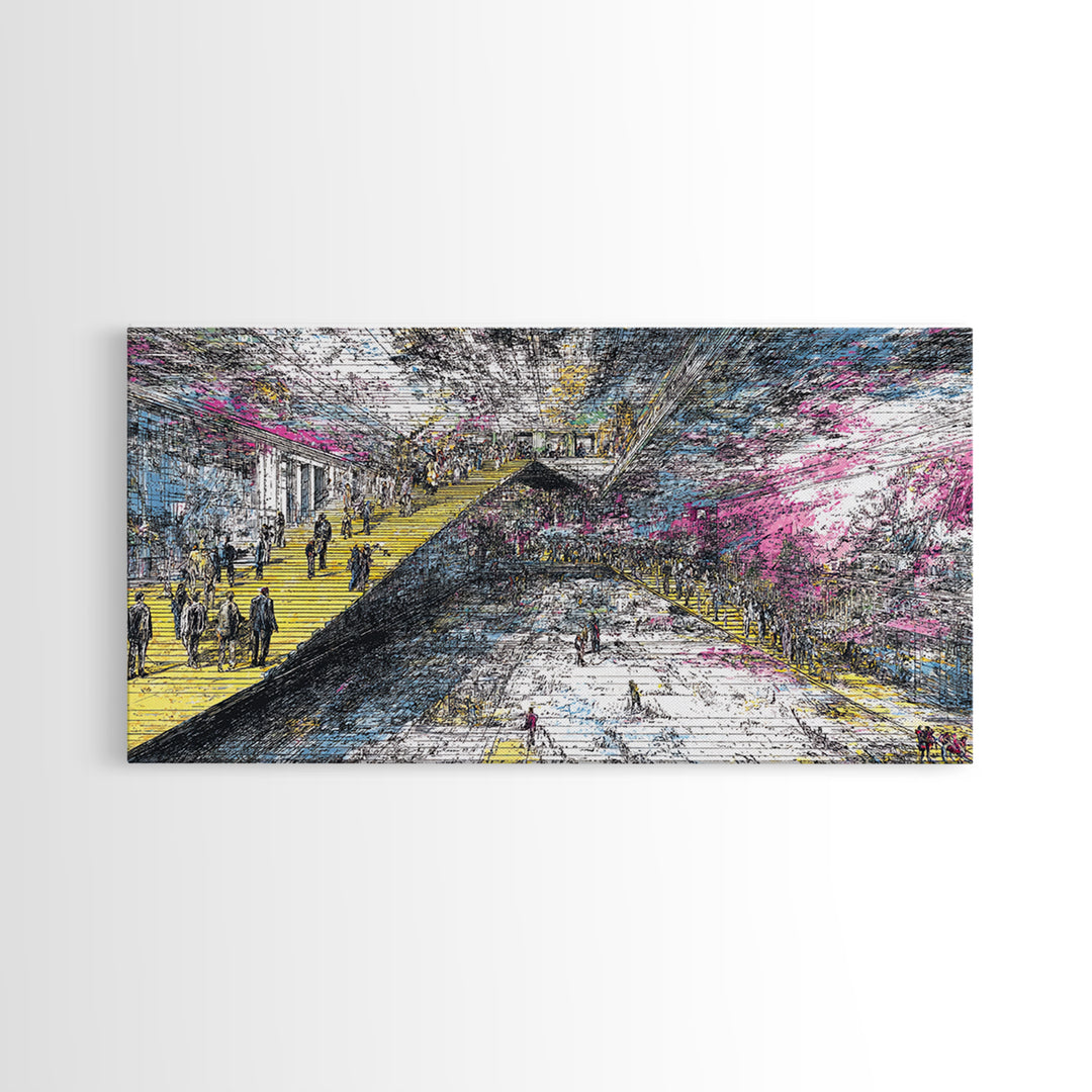 Futuristic City Transit Sketch With Yellow Stairs Wall Art, Urban Modern Art Print, Abstract Gallery Decor, Statement Canvas