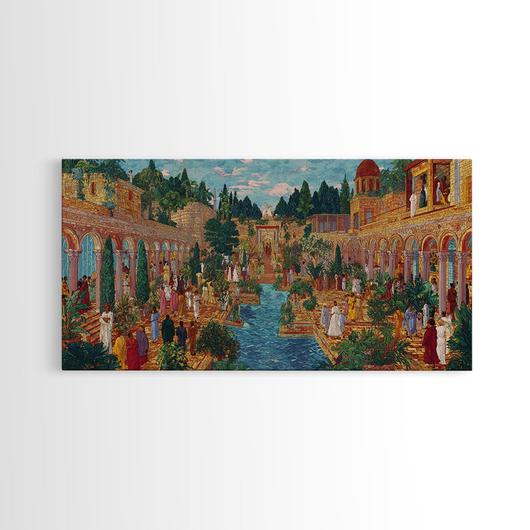 Lush Palace Garden With Arches And Pool Framed Canvas Print, African Inspired Wall Art, Elegant Cultural Home Decor Gift