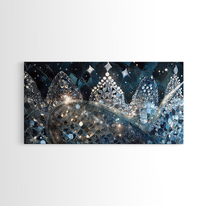 Jeweled Blue Silver Crowns And Stars Canvas Print, Abstract Wall Art, Luxury Black Gold Decor, Dreamy Modern Gallery Gift