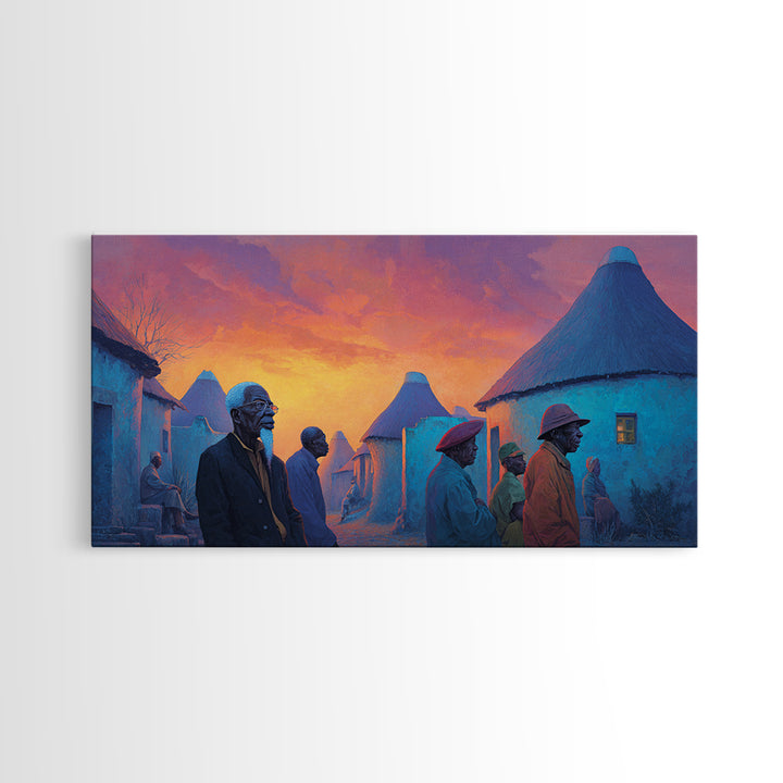 Blue Round Huts At Fiery Sunset Wall Art, African Village Painting, Afrocentric Decor, Cultural Landscape Canvas Print Gift