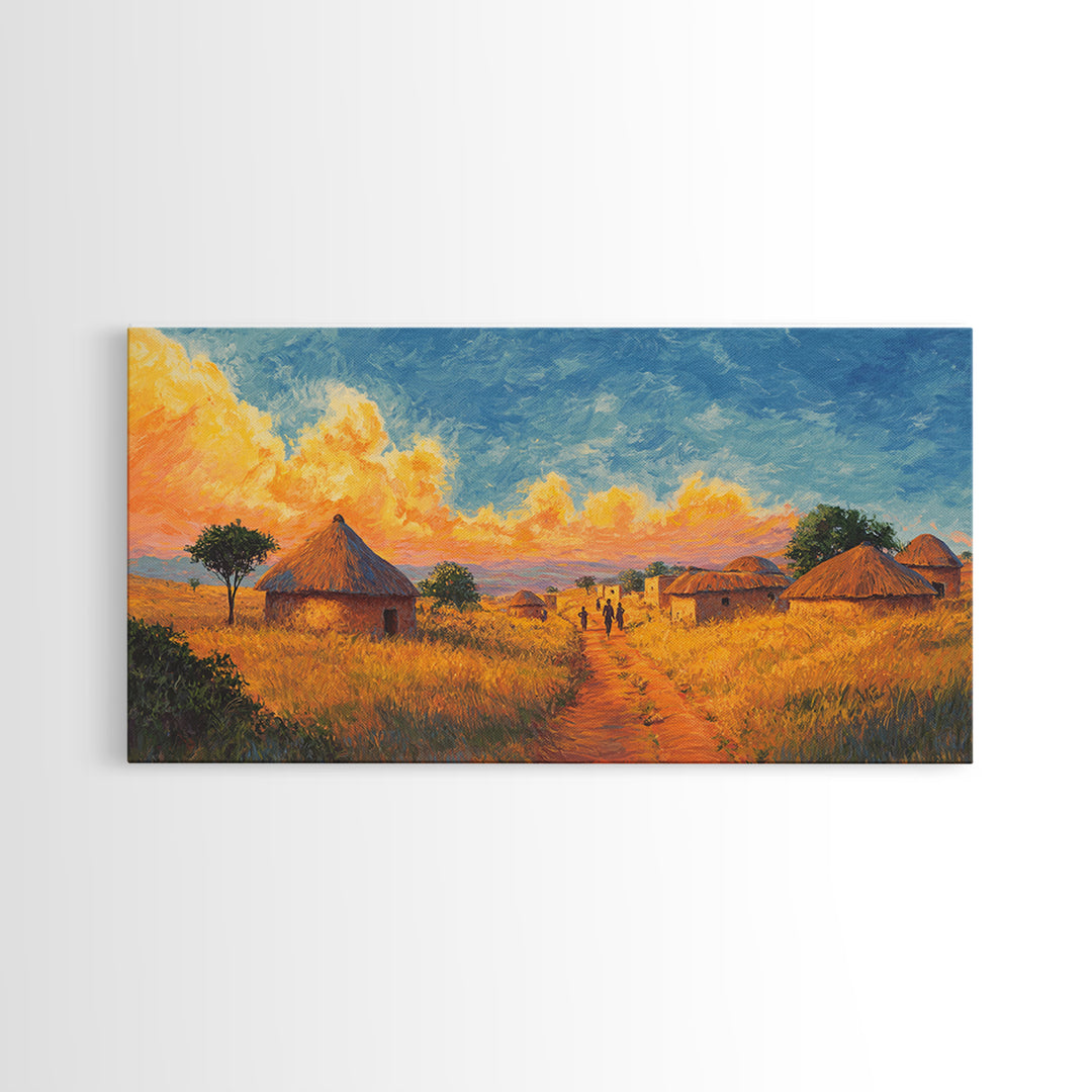 Golden Savanna Huts Under Brilliant Clouds Canvas Print, African Landscape Wall Art, Safari Decor, Motherland Home Art Gift