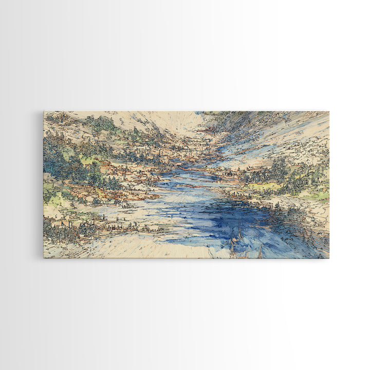 Blue Mountain Valley River And Villages Wall Art, African Landscape Art Print, Serene Nature Decor, Modern Canvas Home Gift