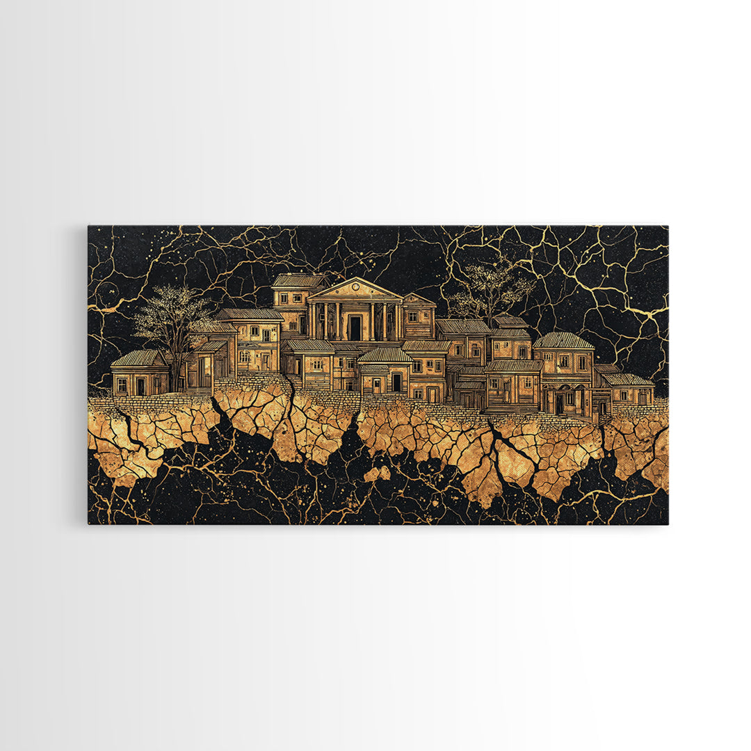 Golden Ancestral Palace On Cracked Stone, Luxury African Wall Art, Black Gold Architecture, Statement Living Room Decor Gift