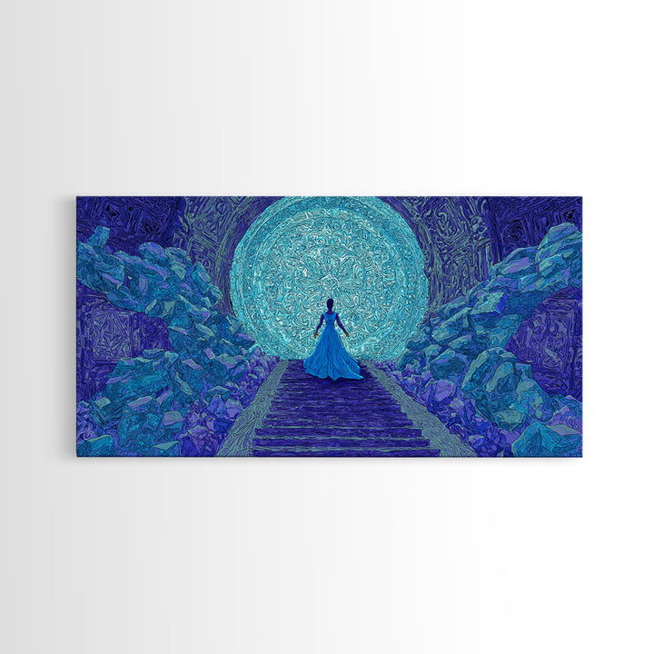 Blue Goddess Before Luminous Moon And Stone Stairway Framed Canvas Print, Mystical Wall Art, Spiritual Afrocentric Bedroom Decor Gift