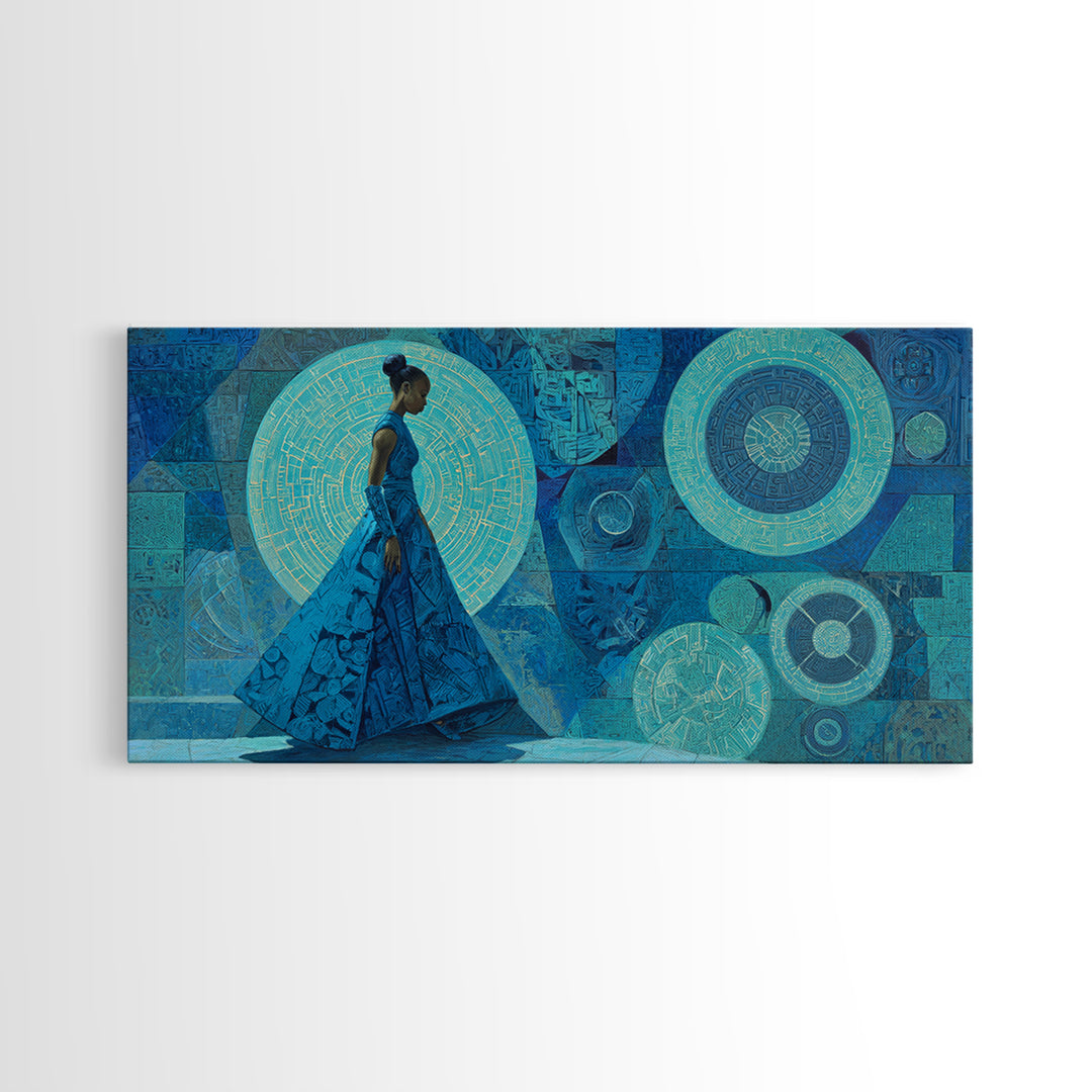Blue Gown African Woman With Geometric Circles Canvas Print, Modern Afrocentric Wall Art, Elegant Feminine Home Decor Gift