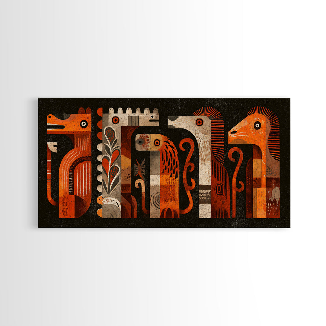 Orange Tribal Bird And Animal Figures Canvas Print, African Inspired Wall Art, Boho Geometric Safari Home Decor, Mid Century Gift