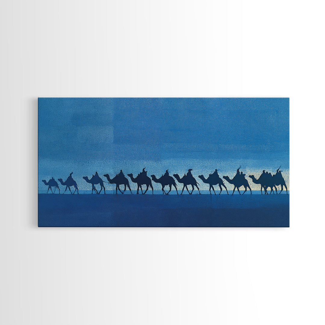 Blue Desert Camel Caravan Silhouette Wall Art, African Safari Print, Nomad Travel Decor, Modern Blue Landscape Poster Gift