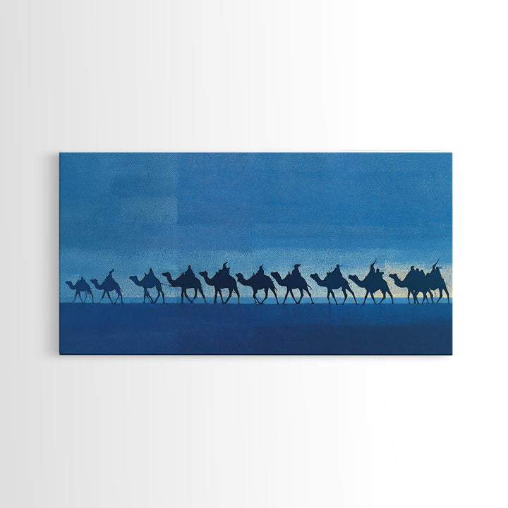 Blue Desert Camel Caravan Silhouette Wall Art, African Safari Print, Nomad Travel Decor, Modern Blue Landscape Poster Gift