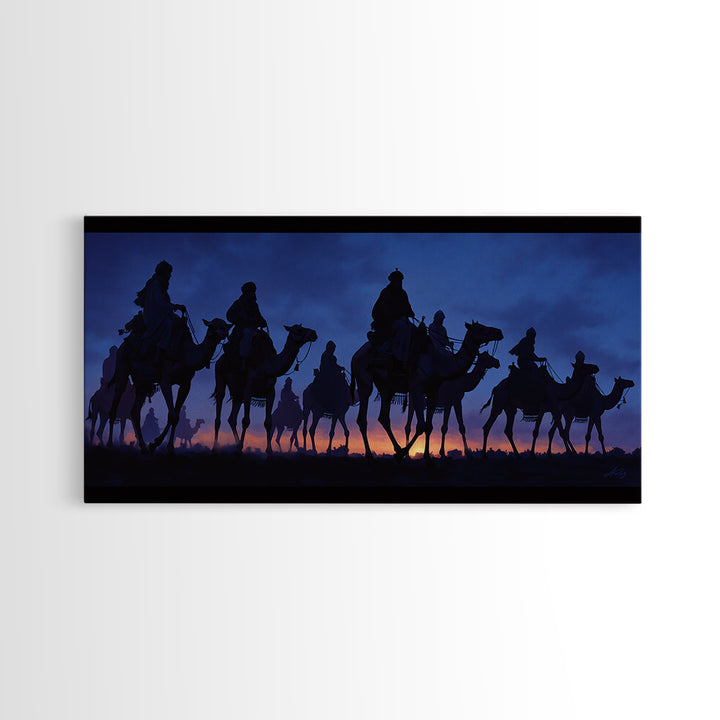 Twilight Camel Caravan Silhouette Framed Canvas Print, African Travel Wall Decor, Blue Desert Nomad Landscape Art Gift For Him