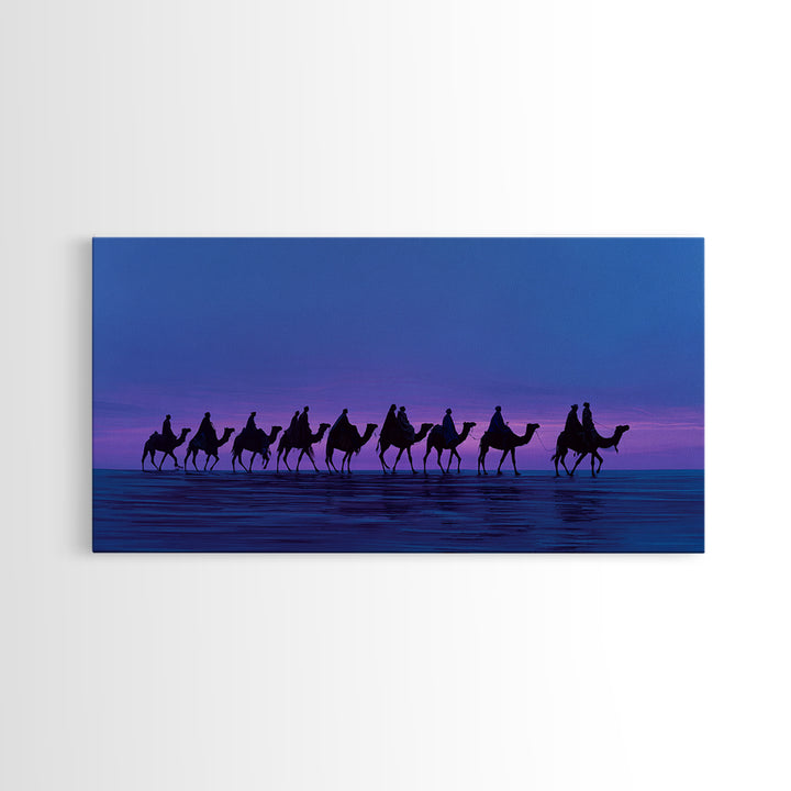 Purple Sunset Camel Caravan Canvas Print, African Safari Wall Art, Coastal Desert Silhouette Decor, Boho Travel Gift Idea
