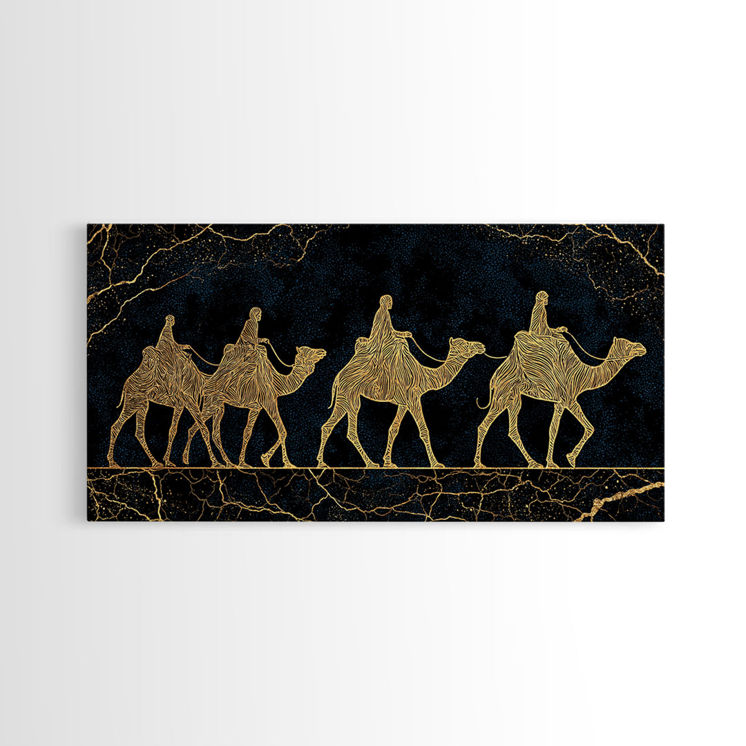 Gold Line Camel Caravan Wall Art, Black And Gold African Safari Print, Desert Nomad Decor, Luxury Canvas Style Gift For Her