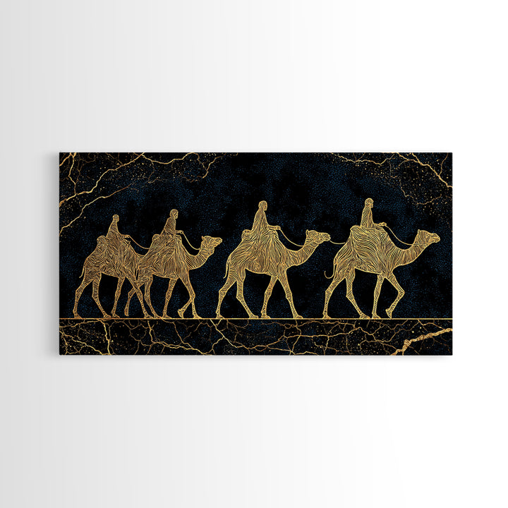 Gold Line Camel Caravan Wall Art, Black And Gold African Safari Print, Desert Nomad Decor, Luxury Canvas Style Gift For Her