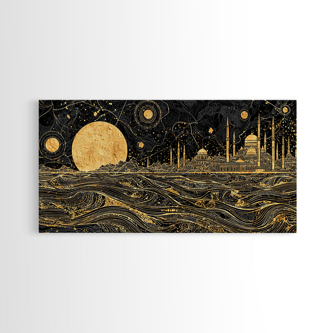 Gold Moon Mosque Skyline Canvas Print, Black And Gold Wall Art, Moroccan Travel Decor, Mystical Night Landscape Gift Idea