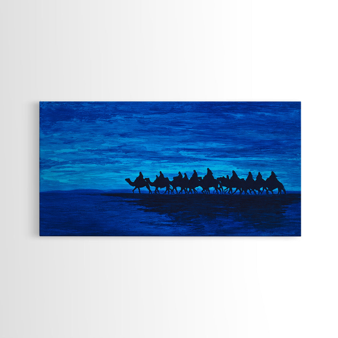 Deep Blue Camel Caravan Silhouette Wall Art, African Safari Poster, Desert Travel Decor, Modern Landscape Canvas Gift Idea