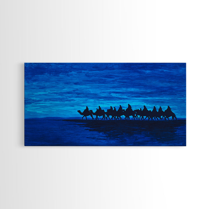 Deep Blue Camel Caravan Silhouette Wall Art, African Safari Poster, Desert Travel Decor, Modern Landscape Canvas Gift Idea