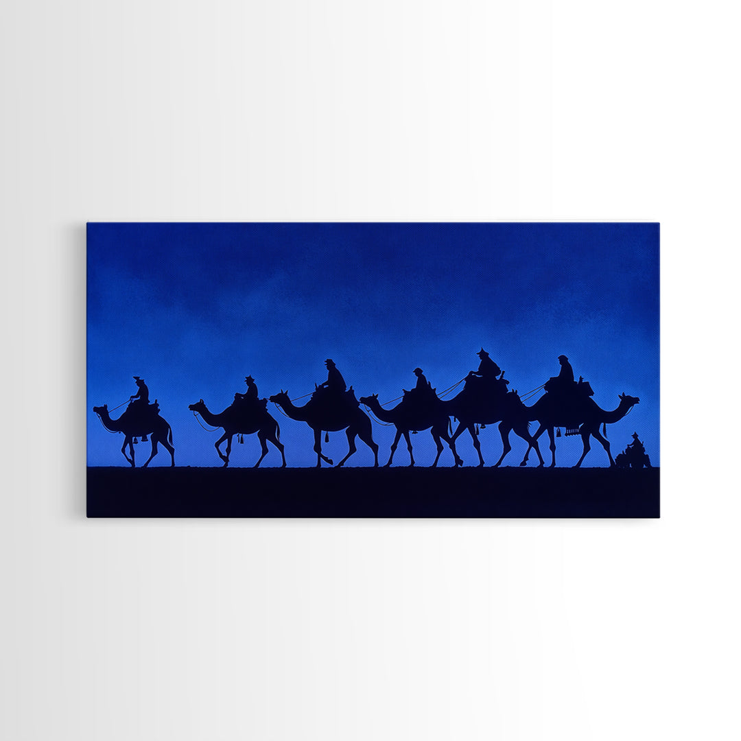 Cobalt Camel Caravan Silhouette Canvas Print, African Wall Art, Minimalist Desert Travel Decor, Blue Nomad Art Gift For Him