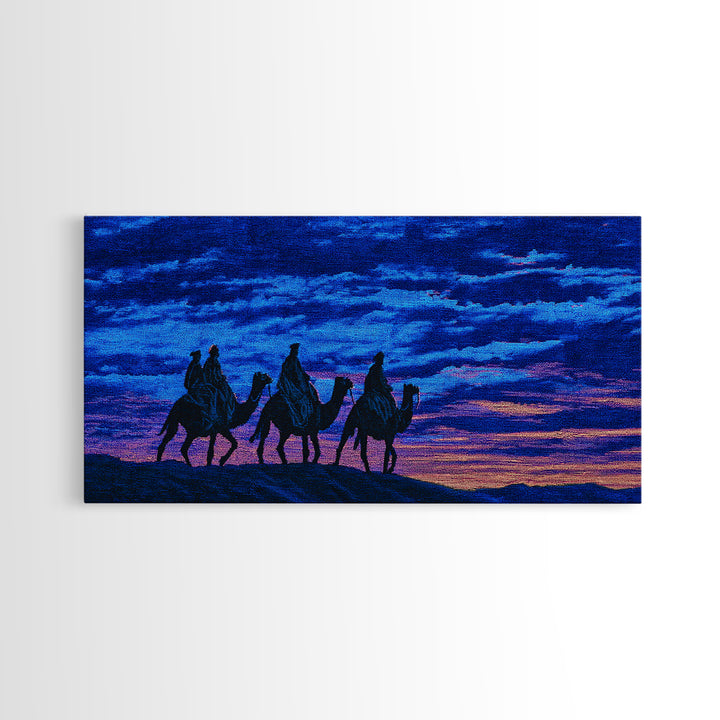 Textured Blue Sunset Camel Caravan Wall Art, African Safari Print, Purple Desert Silhouette Decor, Dreamy Travel Gift Idea