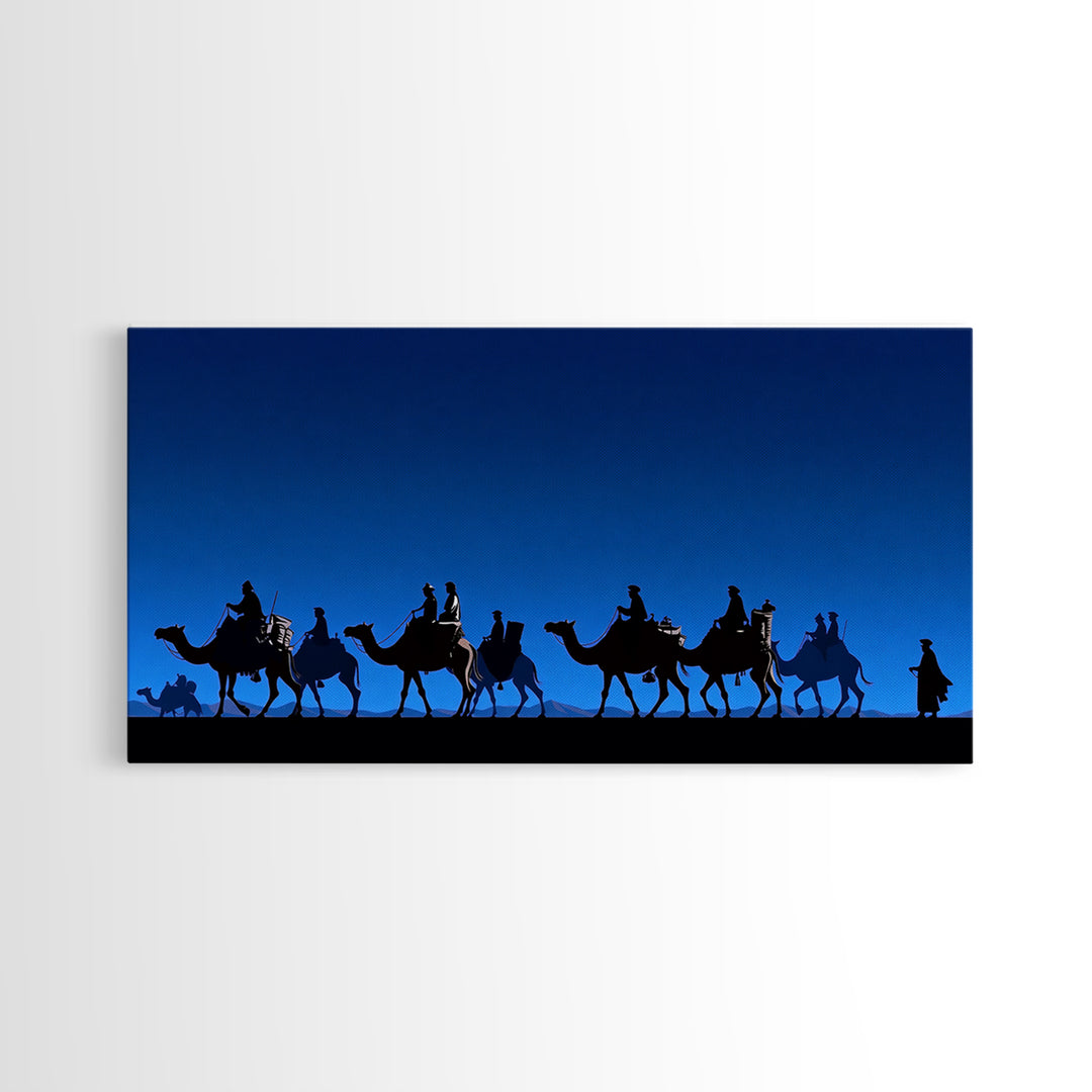 Bright Blue Camel Caravan Journey Silhouette Canvas Print, African Safari Wall Art, Desert Nomad Decor, Travel Gift For Him