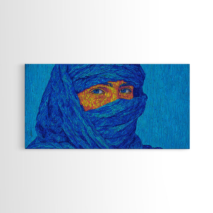 Blue Veiled African Woman Portrait Wall Art, Tuareg Inspired Afrocentric Decor, Bold Black Beauty Canvas For Living Room