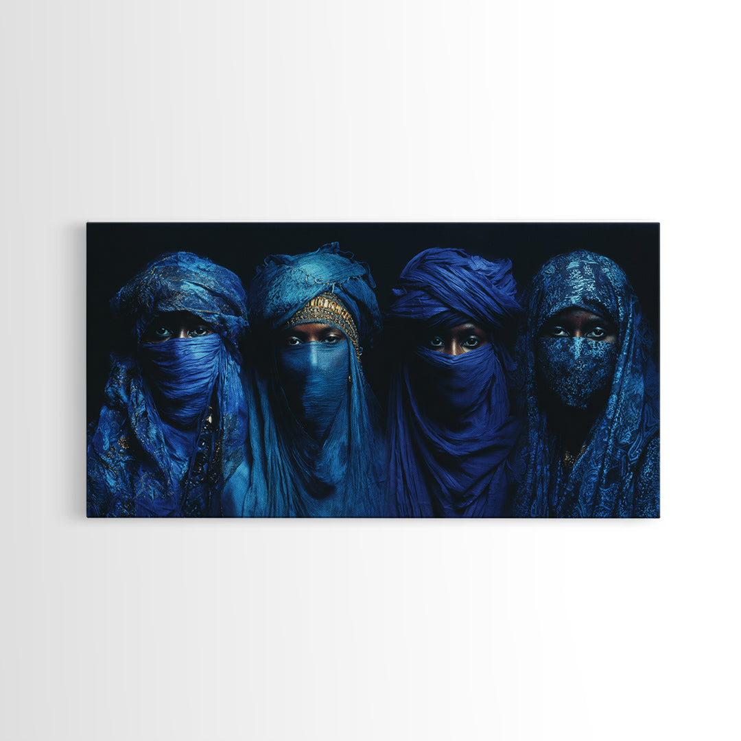 Four Blue Veiled African Women Framed Canvas Print, Tuareg Portrait Wall Decor, Afrocentric Black Culture Art Gift For Home Decor