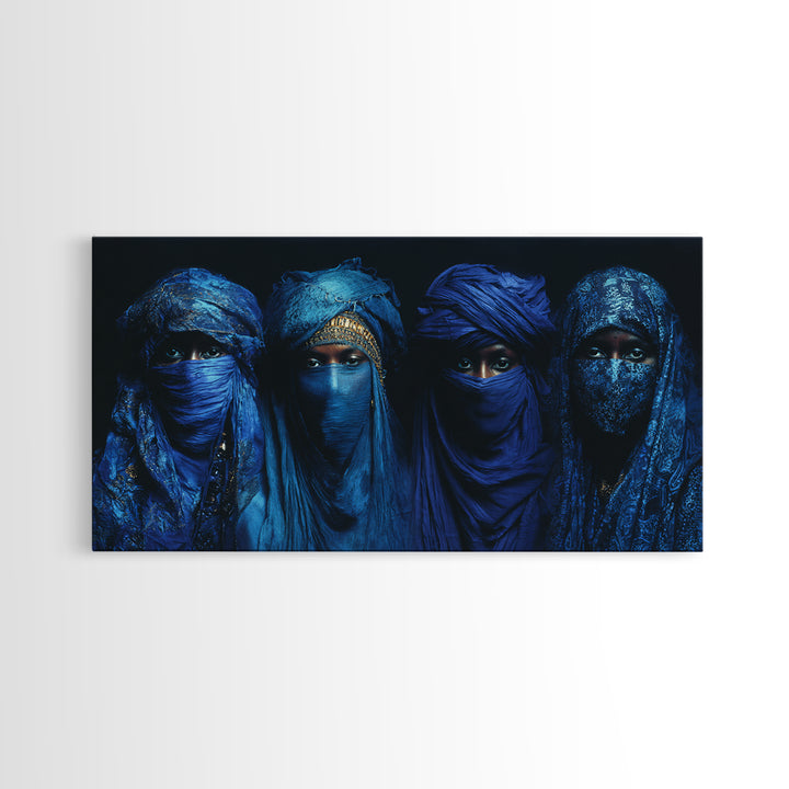 Four Blue Veiled African Women Framed Canvas Print, Tuareg Portrait Wall Decor, Afrocentric Black Culture Art Gift For Home Decor