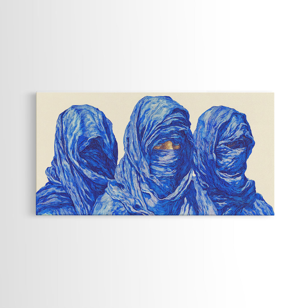 Three Blue Veiled Figures Wall Art, African Tribal Portrait Painting, Textured Tuareg Decor For Afrocentric Living Room Art