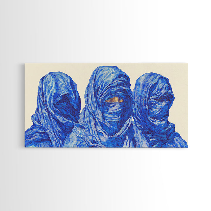 Three Blue Veiled Figures Wall Art, African Tribal Portrait Painting, Textured Tuareg Decor For Afrocentric Living Room Art