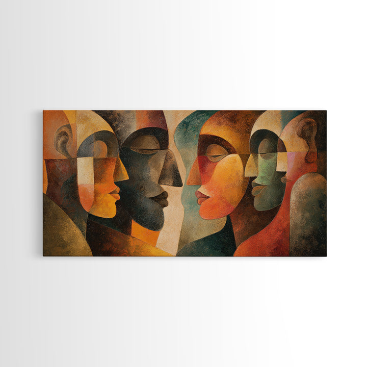 Abstract Cubist African Mask Faces Canvas Print, Earth Tone Tribal Wall Decor, Modern Ethnic Art For Home Gallery Decor Gift