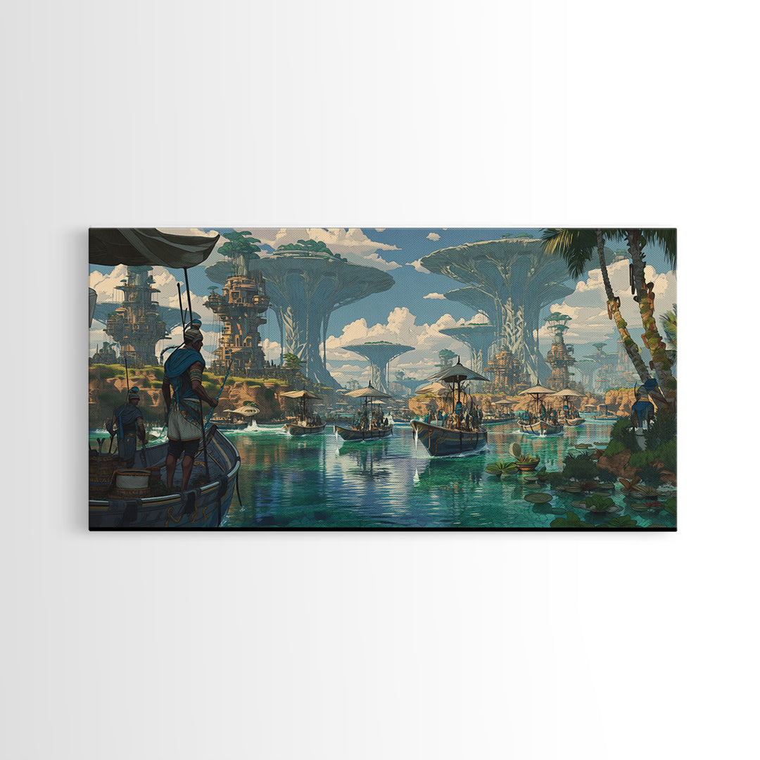 Afrofuturist African Waterfront City Wall Art, Sci Fi Landscape Canvas, Modern Black Art Decor For Living Room Statement Piece