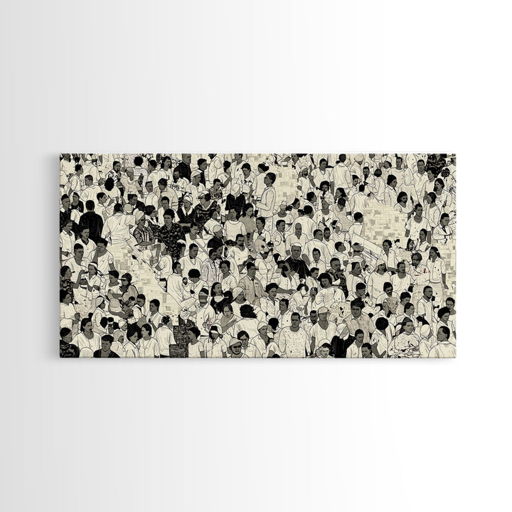 Monochrome African Crowd Scene Wall Art, Afrocentric Black Culture Print, Diaspora People Decor, Modern Gallery Canvas Gift
