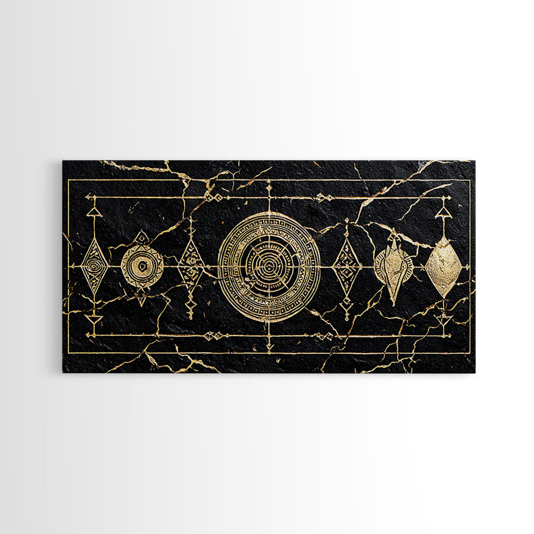 Black Gold African Geometric Symbols Framed Canvas Print, Tribal Pattern Wall Decor, Afrocentric Luxury Abstract Art Gift