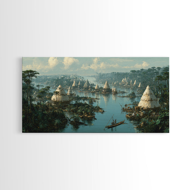 Misty African Wetland Village Wall Art, Thatched Hut Canoe Landscape Print, Authentic Cultural Safari Home Decor Canvas Gift