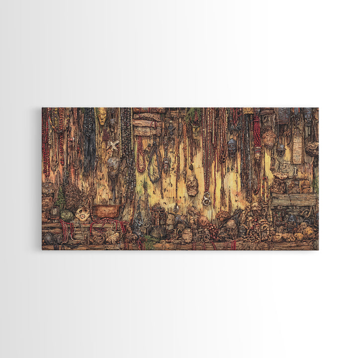 Rustic African Market Interior Canvas Print, Tribal Jewelry And Textile Wall Decor, Warm Boho Cultural Living Room Art Gift