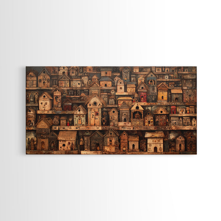 Rustic African Village Birdhouse Houses Wall Art, Tribal Architecture Canvas, Earth Tone Cultural Home Decor Gift For Living Room