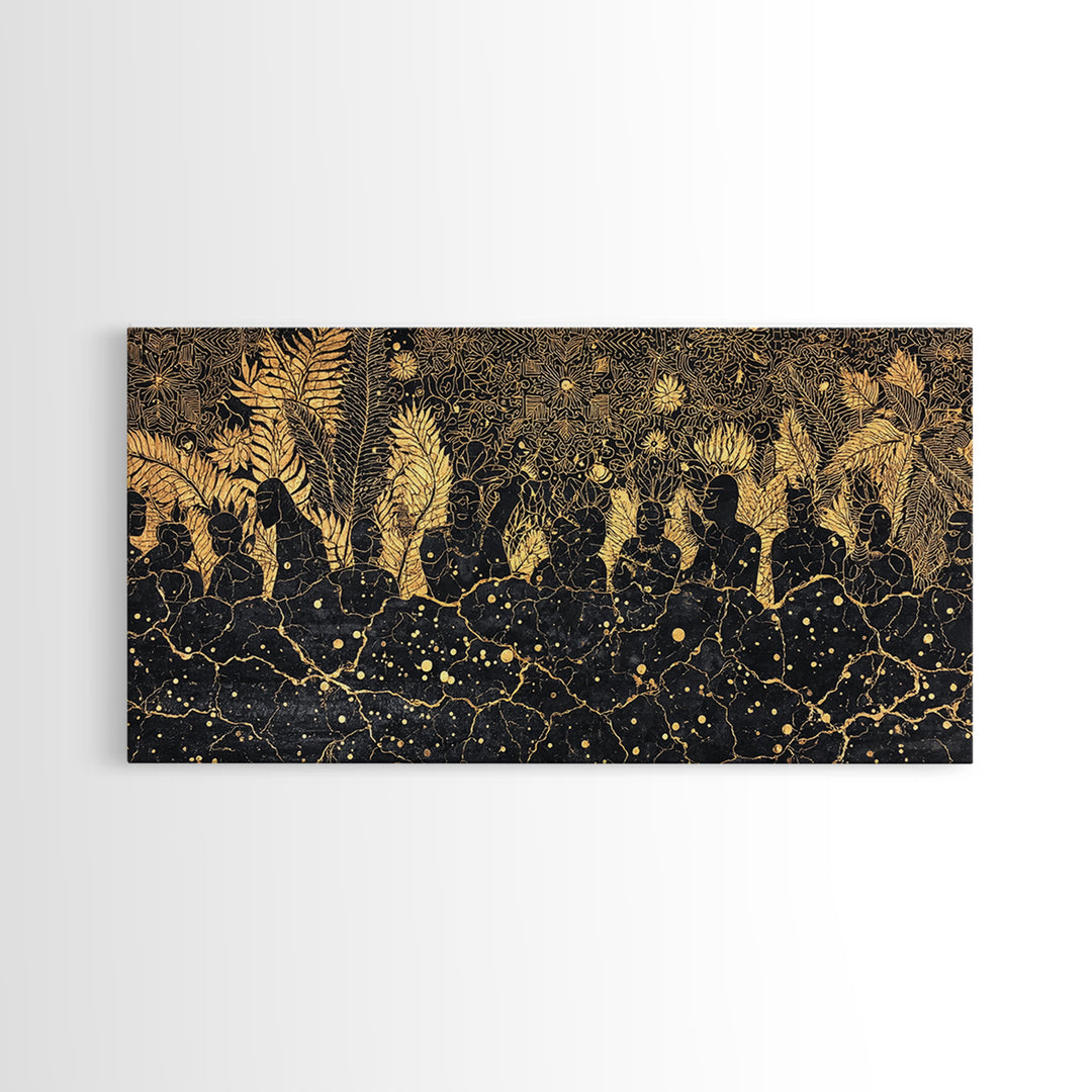 Golden African Women In Jungle Foliage Canvas Print, Black Gold Afrocentric Wall Decor, Tribal Culture Art For Living Room