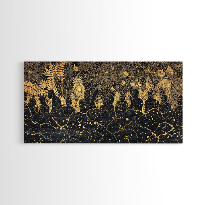 Golden African Women In Jungle Foliage Canvas Print, Black Gold Afrocentric Wall Decor, Tribal Culture Art For Living Room