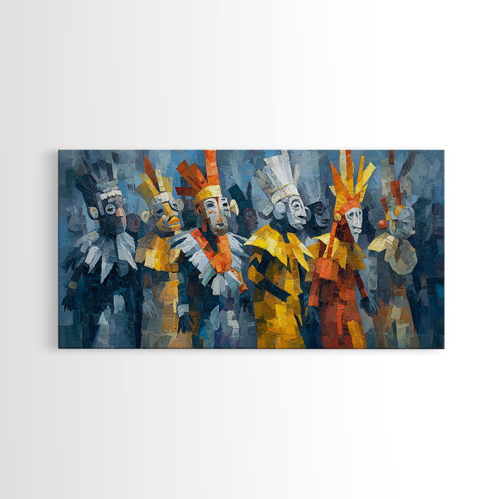 Cubist African Masked Warriors Canvas Print, Ceremonial Tribal Queen Wall Decor, Modern African Art For Bold Home Decor Gift