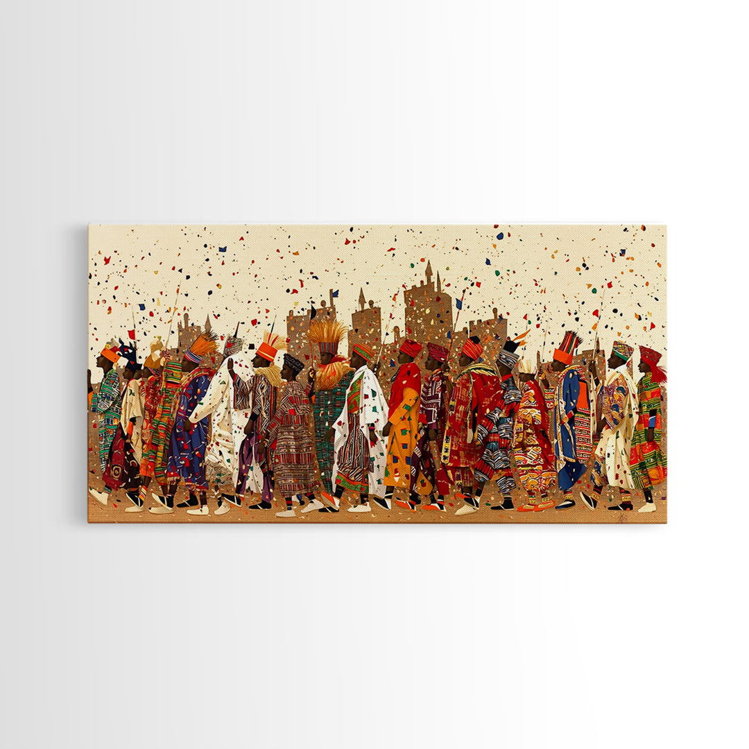 Vibrant African Festival Procession Canvas Print, Ankara Fashion Parade Wall Decor, Cultural Celebration Art For Living Room