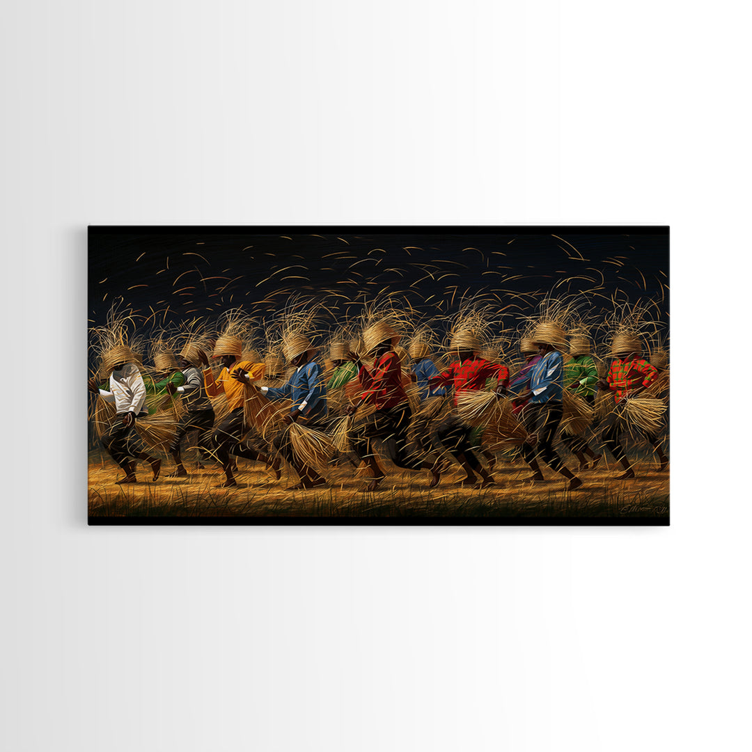 Dynamic African Dancers With Golden Straw Canvas Print, Motion Filled Tribal Wall Decor, Black Gold Cultural Art Gift For Home