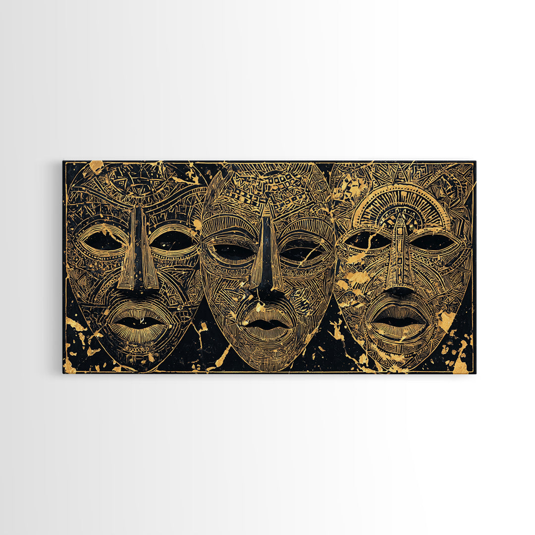 Golden African Tribal Masks Canvas Print, Abstract Mask Art, Afrocentric Wall Decor, Black And Gold Cultural Home Decor Gift