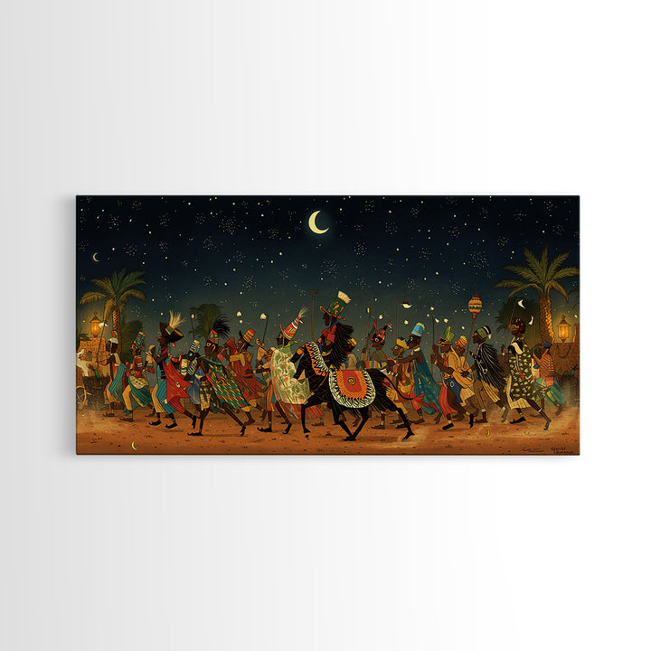 Moonlit African Camel Procession Wall Art, Desert Festival Painting, African Safari Art, Cultural Decor For Living Room Gift