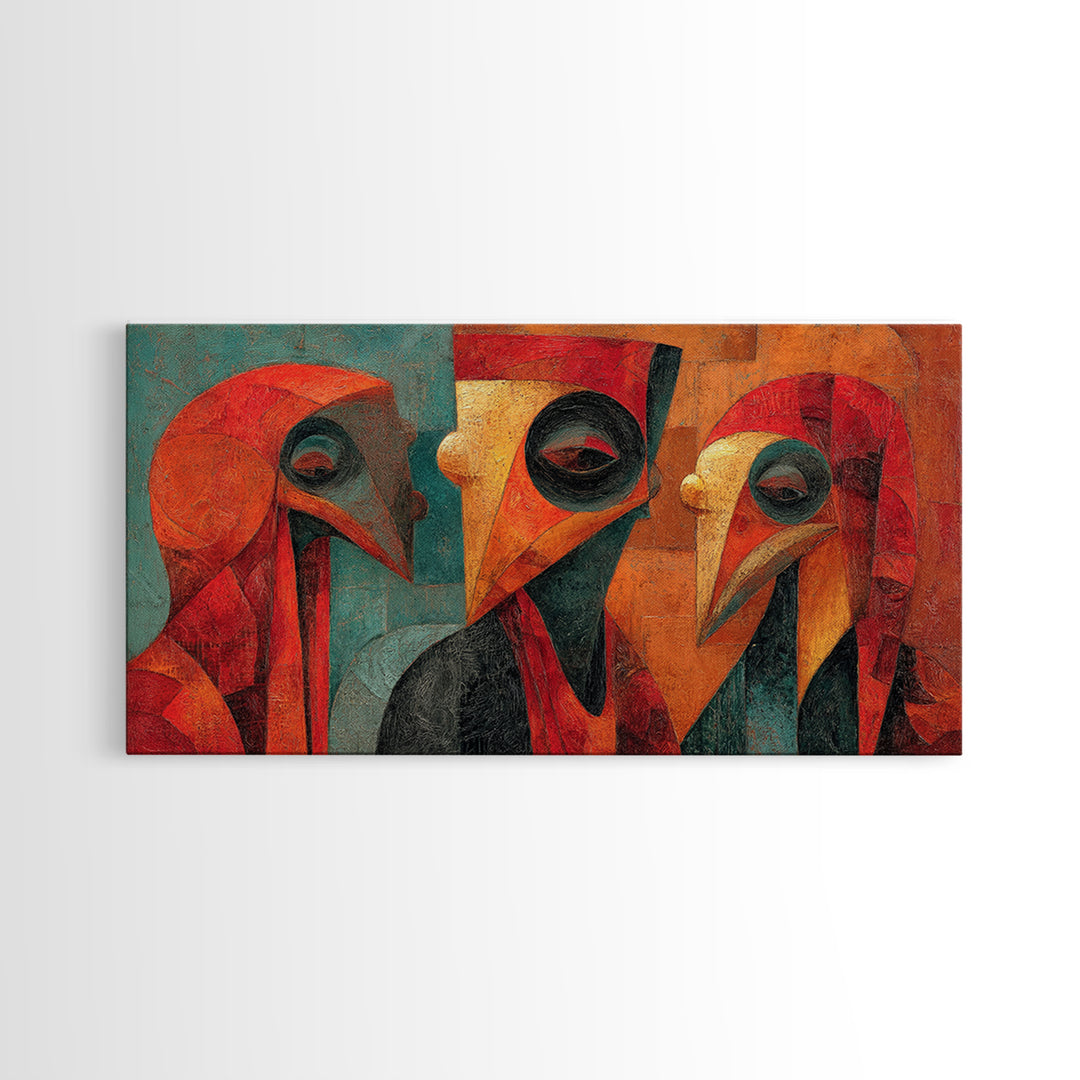Cubist African Bird Mask Trio Wall Art, Abstract African Art, Modern Tribal Portrait, Burnt Orange Decor Canvas Print Gift
